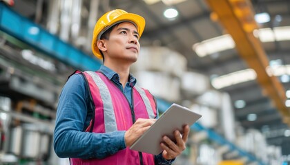 Asian Technician Conducts Machinery Inspection And Control In Industry Factory, Analyzing With Tablet And Wearing Safety Helmet – Confident Engineer Man At Work.
