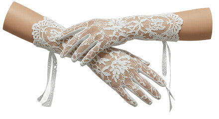 Elegant white lace gloves isolated on transparent background, perfect for weddings, parties, and special occasions