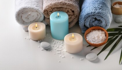 spa composition with sea salt candles and towels on light background