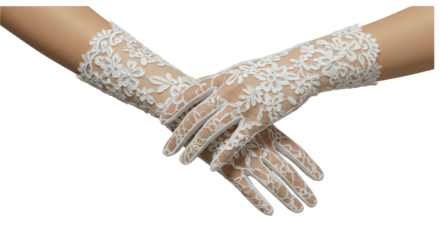 Elegant hands in white lace gloves isolated on transparent background, showcasing delicate beauty and refined style