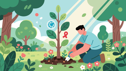Fototapeta premium Cultivating Hope Man Plants Tree with Health Symbols