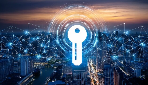cybersecurity master key with virtual graphic network diagram on building in city background digital online cyber security internet connection social media network security technology concept