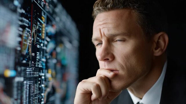 Deep in Thought: A focused individual intensely studies complex data displayed on a large screen, exhibiting a concentrated and thoughtful demeanor.