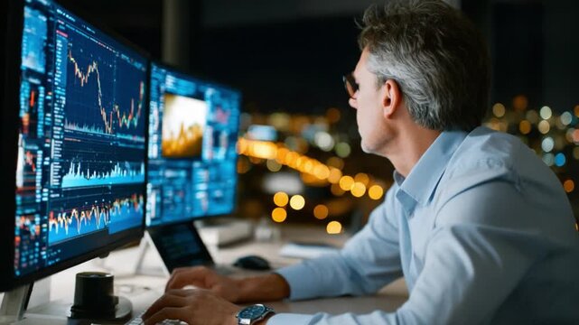 Financial Analyst at Work: A seasoned financial analyst intently studies market trends, illuminated by the soft glow of computer screens, representing data-driven decision-making.