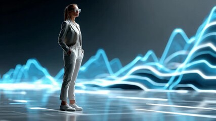 Businesswoman Immersed in Data: A focused businesswoman wearing a VR headset is fully immersed in a dynamic display of vibrant data streams, highlighting the intersection of innovation and analysis. - Powered by Adobe