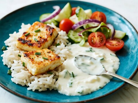 Super Fresh Grilled Halloumi with Fluffy Rice, Creamy Herb Yogurt & Greek-Style Salad