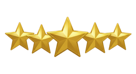 Five golden star rating isolated on transparent background, concept for customer feedback and satisfaction