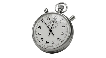 Close up of a silver stopwatch isolated on transparent background, a classic tool for measuring time precisely