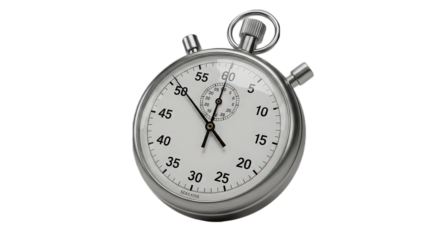 Close up of a silver stopwatch isolated on transparent background, a classic tool for measuring time precisely