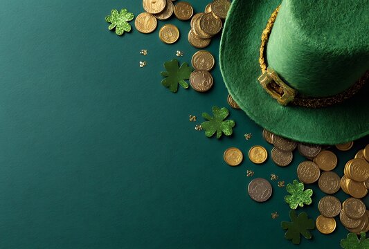 St. Patrick's Day background with a green hat, clovers, and gold coins on the table