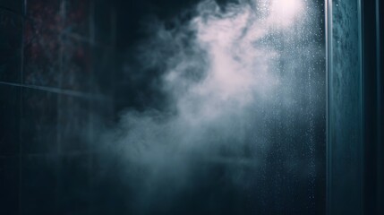 Naklejka premium Atmospheric steam fills a dark moody bathroom shower enclosure illuminated by soft ethereal light creating a sense of serene comfort