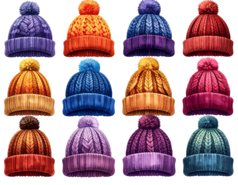 PNG Colorful knitted winter hats, element set on transparent background