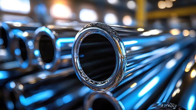 Shiny metal pipes stacked, reflecting light, creating a repeating pattern