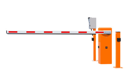 Automatic boom barrier for parking access control. Orange security gate system closed to restrict entry, isolated on a white background. Concept of safety, private property, traffic.