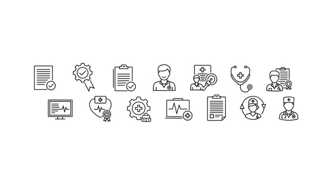 Health insurance and medical services line icon set. Doctor, patient, clinic, hospital symbol. Healthcare, check up, cardiology, medical record vector illustration. Certificate.
