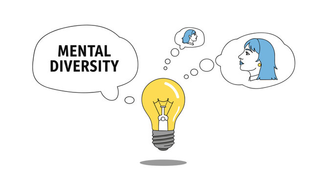 Mental diversity and neurodiversity concept vector. Psychology and mental health idea. Light bulb with woman head silhouette. Different thinking and creative problem solving.
