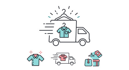 Laundry delivery service icon set. Express dry cleaning and apparel shipping concept. Clean clothes on hanger delivered by truck. Garment washing and transport vector logo.