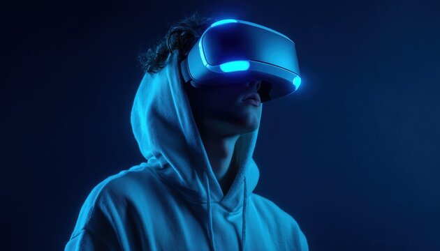 Young Man Wearing A Hoodie Immersed In A Virtual Reality Experience With A Vr Helmet, Exploring Augmented Reality And Futuristic Gaming Under A Blue Neon Light.