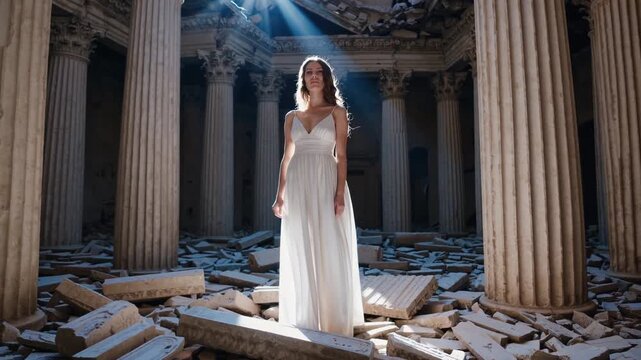 Femme en robe blanche dans un temple en ruine sous un rayon divin