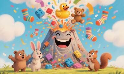 Naklejka premium A cheerful picture book illustration shows a happy volcano erupting with colorful toys and confetti, joined by animal friends celebrating joyful playtime