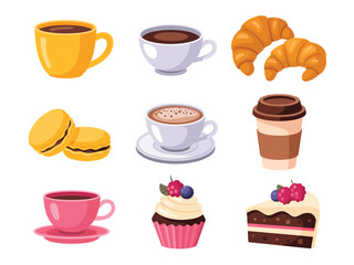 Collection of coffee cups pastries and desserts for breakfast or cafe