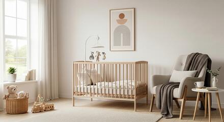 Cozy nursery room with crib and armchair