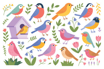 Collection of colorful cartoon birds and spring flowers with a birdhouse