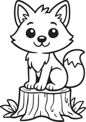 Charming cartoon fox cub sitting happily on a tree stump, ready for coloring fun