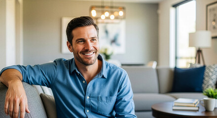 Man smiling in a modern living room with stylish decor
