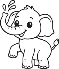 Cute baby elephant playfully spraying water with its trunk on a white background.