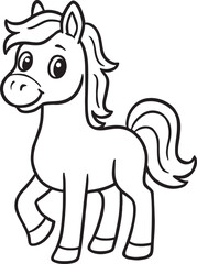 Cute cartoon horse outline for coloring, a friendly and simple illustration for children's activities.