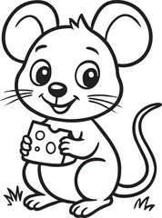 Happy cartoon mouse holding a piece of cheese, ready for coloring fun.