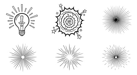 Vector set of light bulb icon with exclamation mark and various black and white starburst burst rays, explosion and sparkle effects for design elements