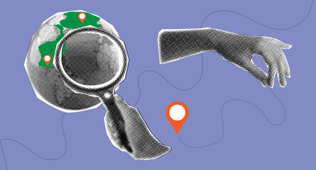 Creative collage banner in halftone style hands holding magnifying glass,globe and location marker,Concept of world travel;,exploration and destination search,modern collage design 