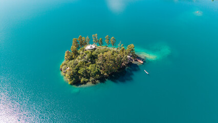Aerial photography of the islands in Lugu Lake, Sichuan, China