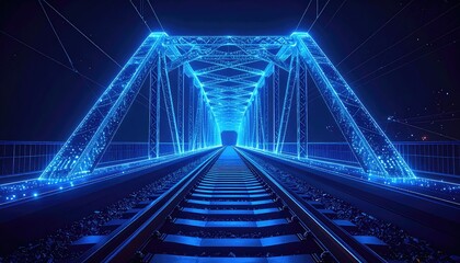 Futuristic glowing blue digital bridge over train tracks at night.