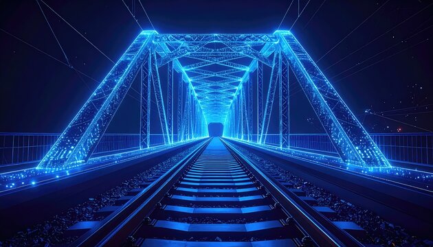 Futuristic glowing blue digital bridge over train tracks at night. - Powered by Adobe