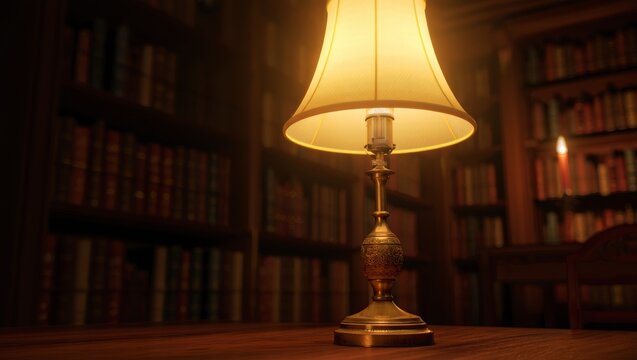 An Old Lamp Illuminates a Vast Library Filled With Ancient Books
