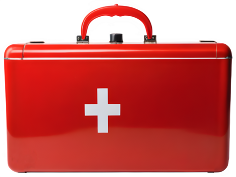 A classic, rectangular red first aid kit with a white cross emblem on the front, a sturdy red handle, and metallic latches
