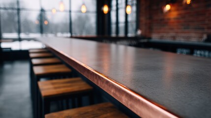Snowy bar scene, A stylish bar interior featuring a sleek countertop and wooden stools, illuminated by hanging pendant lights, creating a cozy atmosphere.