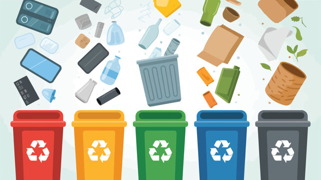 Colorful recycling bins with various recyclable waste items falling from above