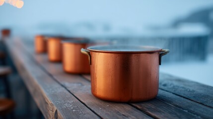 Fototapeta premium Snowy bar scene, A cozy outdoor scene featuring copper pots on a wooden table, set against a snowy backdrop, evoking a warm and inviting atmosphere.