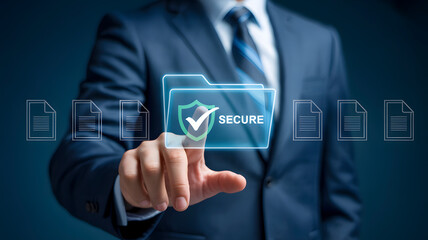 Protecting digital assets with secure data management, businessman touches glowing folder icon symbolizing cybersecurity and privacy in modern business