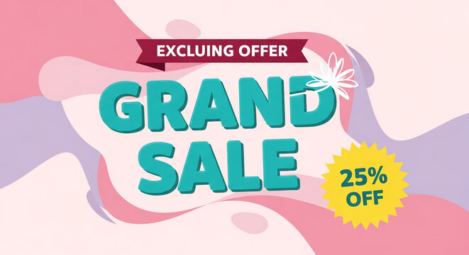 Graphic showing "Grand Sale" in teal with "25% Off" on a yellow starburst, against an abstract pink and lavender backdrop, symbolizing discount offer