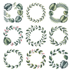 Fototapeta premium Collection of nine decorative watercolor floral and leaf wreaths and frames