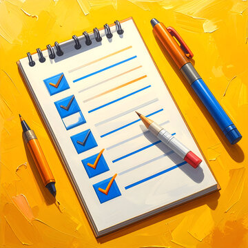 Illustrated Clipboard with Checklist and Abstract Yellow Background