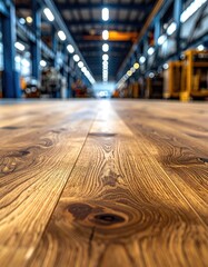 Close up of rustic wooden floor in industrial warehouse interior with blurred background.