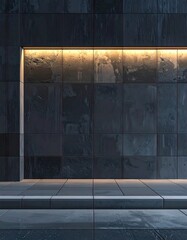 Modern Architectural Facade with Warm Ambient Lighting and Textured Walls.