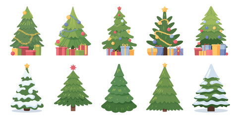 Fototapeta premium Collection of decorated christmas trees with presents underneath