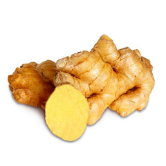 Close up of fresh organic ginger root rhizome with sliced isolated, cutout in transparent background, png format